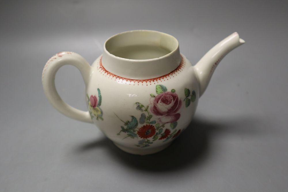 A Bow teapot and cover, two Worcester geranium moulded butterboats and a Lowestoft sparrow beak jug, jug 12cm